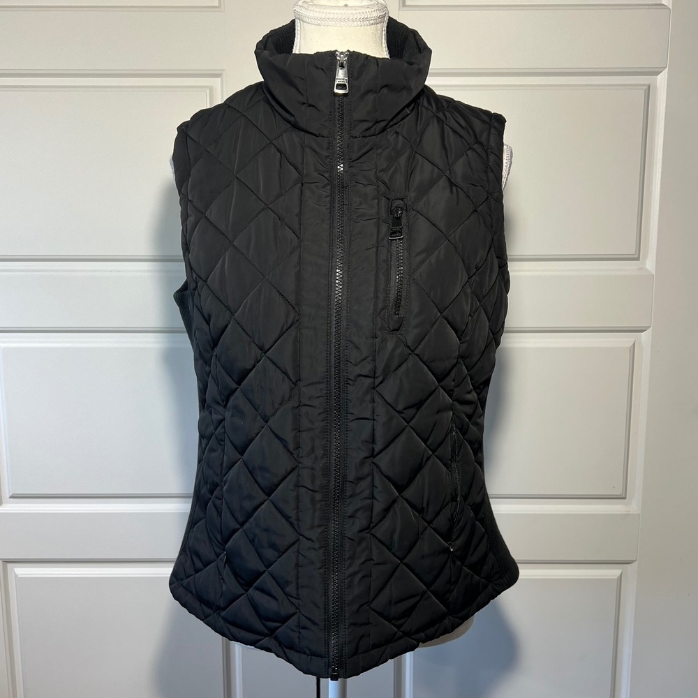 Andrew Marc Quilted Puffer Vest Women's Black Full Zip Pockets Size M